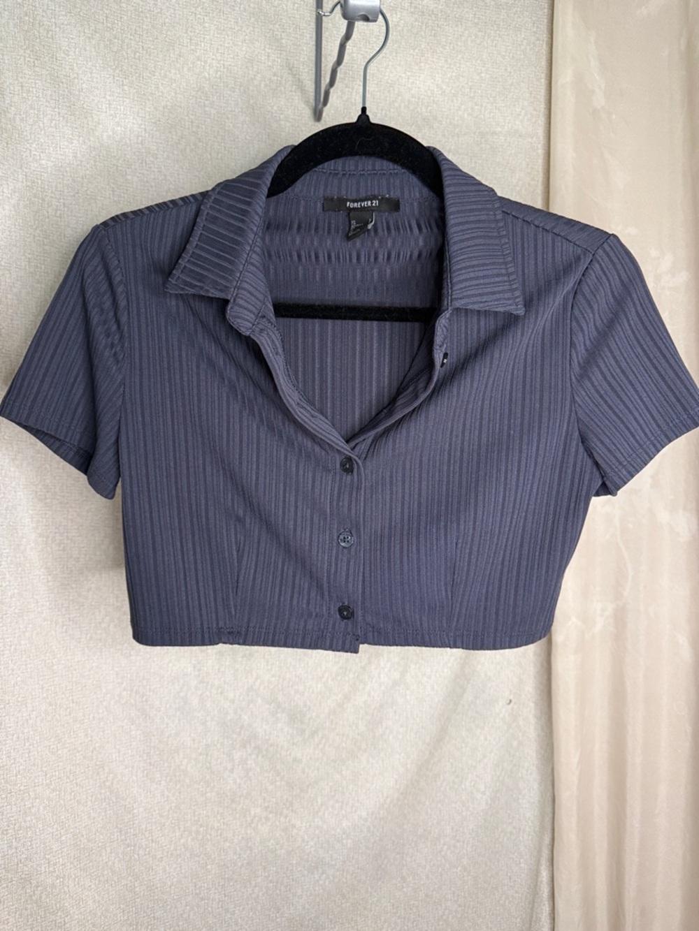 Forever 21 Dark Navy Ribbed Cropped Button-Up Top